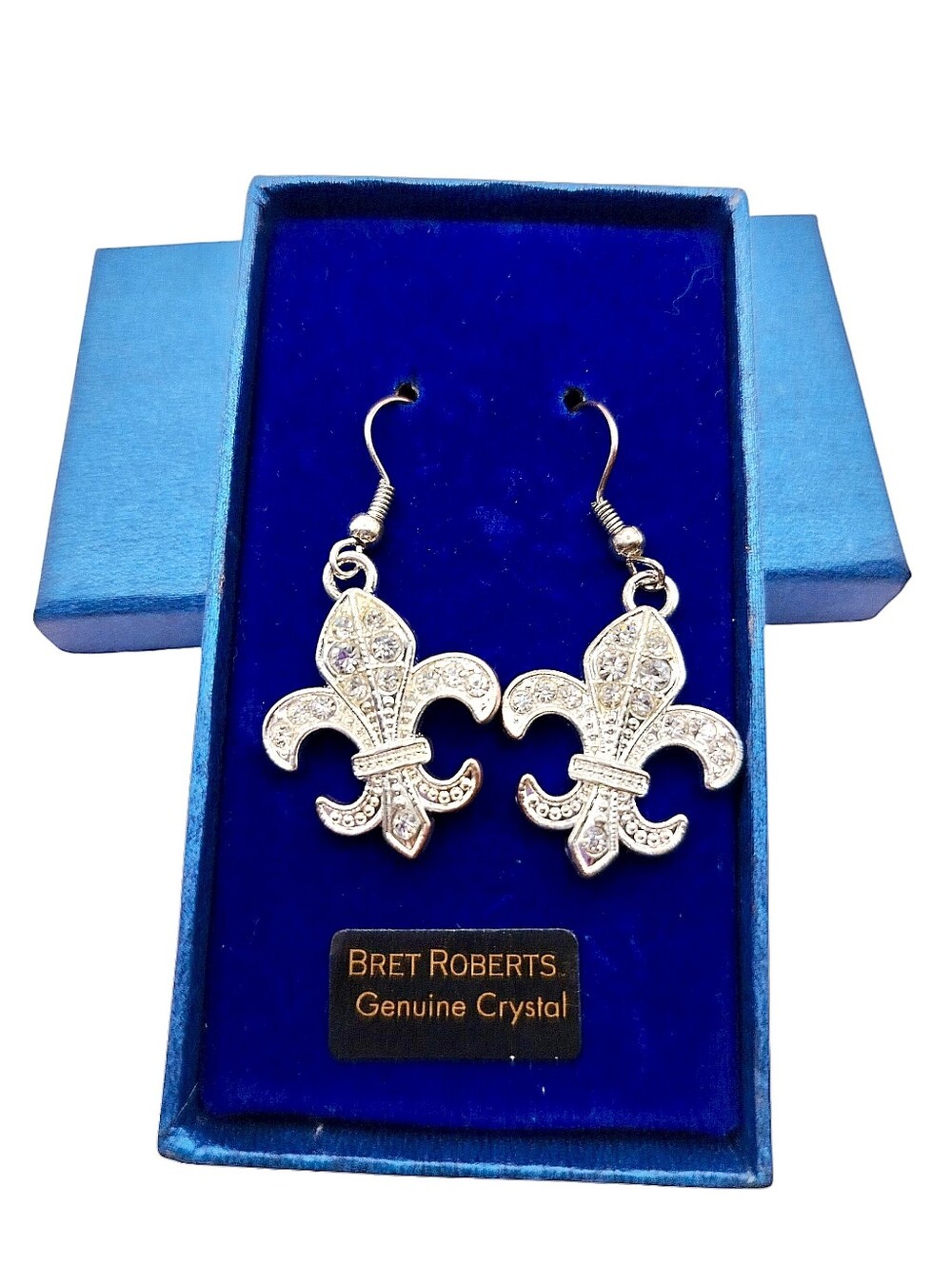 Bret Roberts Y2K Crystal Fleur De Lis Romantic Drop Earrings Silvertone Wear